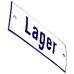 Emaljskylt Lager vit - blå 12 x 5 cm modell 1