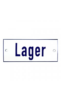 Emaljskylt Lager vit - blå 12 x 5 cm modell 1
