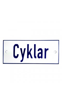 Emaljskylt Cyklar vit - blå 12 x 5 cm modell 1