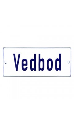 Emaljskylt Vedbod vit - blå 12 x 5 cm modell 1