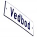 Emaljskylt Vedbod vit - blå 12 x 5 cm modell 1