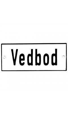 Emaljskylt Vedbod vit - svart 12 x 5 cm modell 2