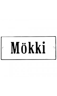 Emaljskylt Mökki vit - svart 12 x 5 cm modell 4