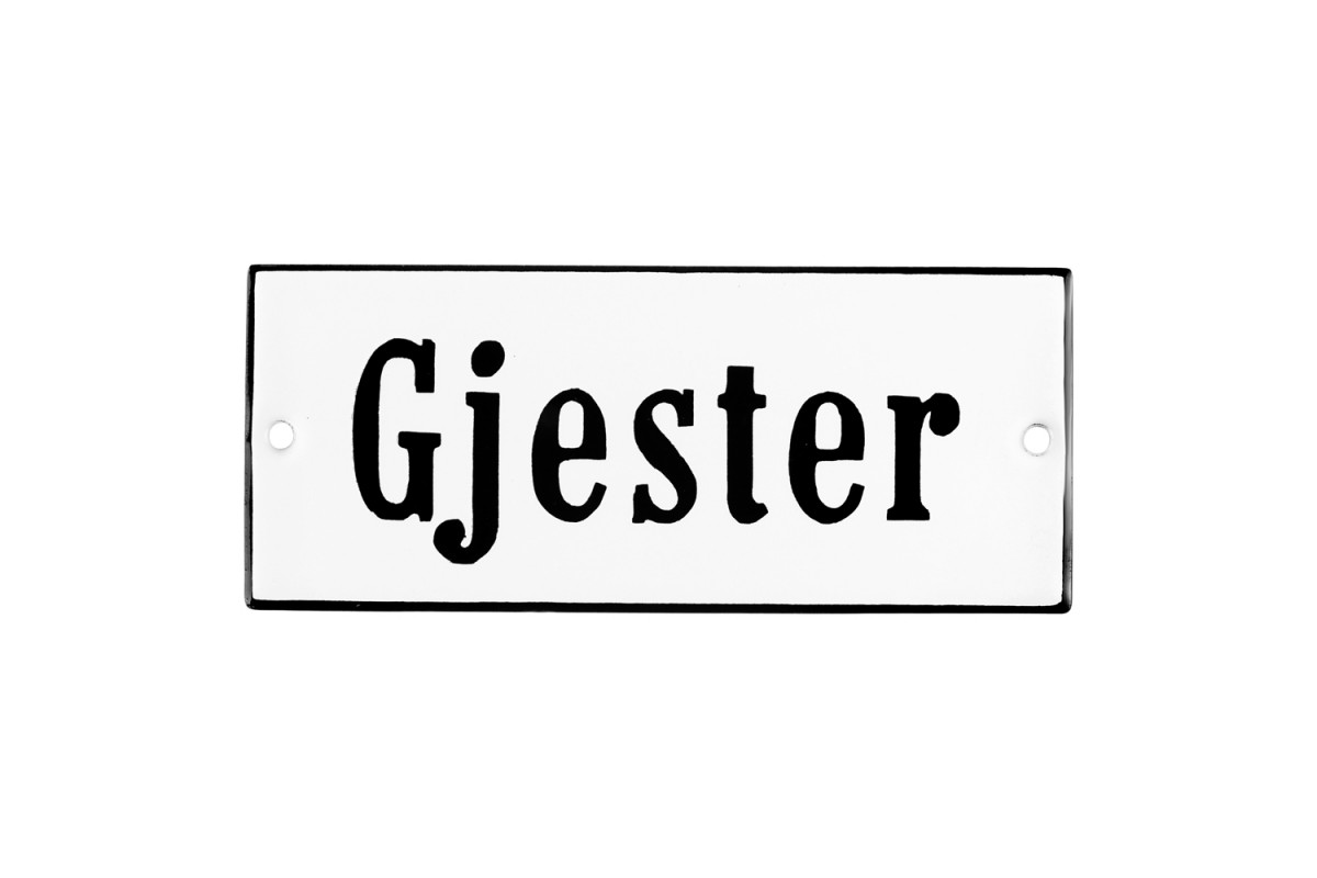 Emaljskylt Gjester vit - svart 12 x 5 cm modell 4 Emaljskylt Gjester vit - svart 12 x 5 cm modell 4