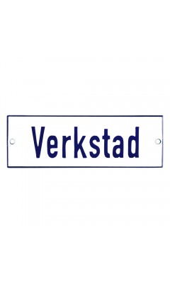 Emaljskylt Verkstad vit - blå 15 x 5 cm modell 1