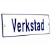 Emaljskylt Verkstad vit - blå 15 x 5 cm modell 1