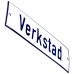 Emaljskylt Verkstad vit - blå 15 x 5 cm modell 1