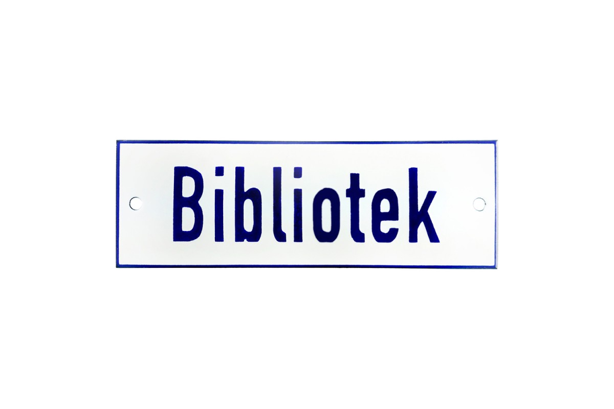 Emaljskylt Bibliotek vit - blå 15 x 5 cm modell 1 Emaljskylt Bibliotek vit - blå 15 x 5 cm modell 1