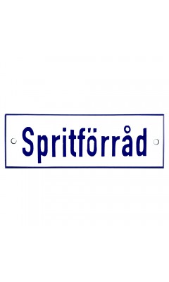 Emaljskylt Spritförråd vit - blå 15 x 5 cm modell 1