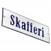 Emaljskylt Skafferi vit - blå 15 x 5 cm modell 3