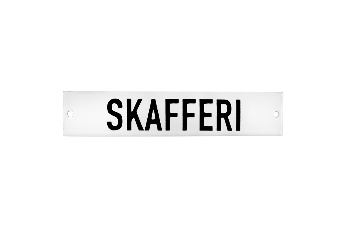 Emaljskylt SKAFFERI vit - svart 15 x 3 cm modell 20 Emaljskylt SKAFFERI vit - svart 15 x 3 cm modell 20