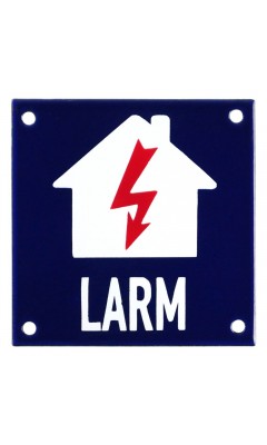 Emaljskylt LARM blixt blå - vit 10 x 10 cm modell 34