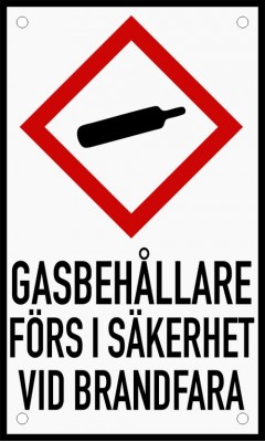 Emaljskylt GASBEHÅLLARE FÖRS I SÄKERHET VID BRANDFARA vit - svart 12 x 20 cm modell 35