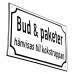 Emaljskylt Bud & paketer hänvisas till kökstrappan vit - svart 20 x 12 cm modell 39